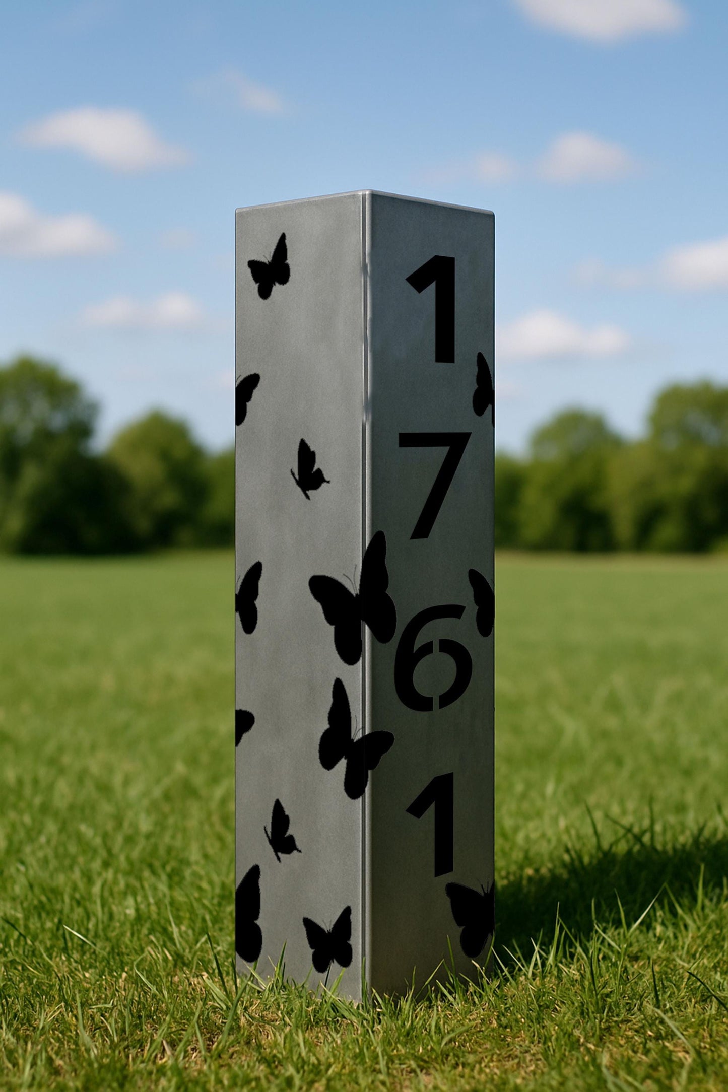 Personalized Garden Column with Butterflies, Metal House Number Yard Post, Rustic Address Pillar, Outdoor Lawn Decor, Raw Steel Art
