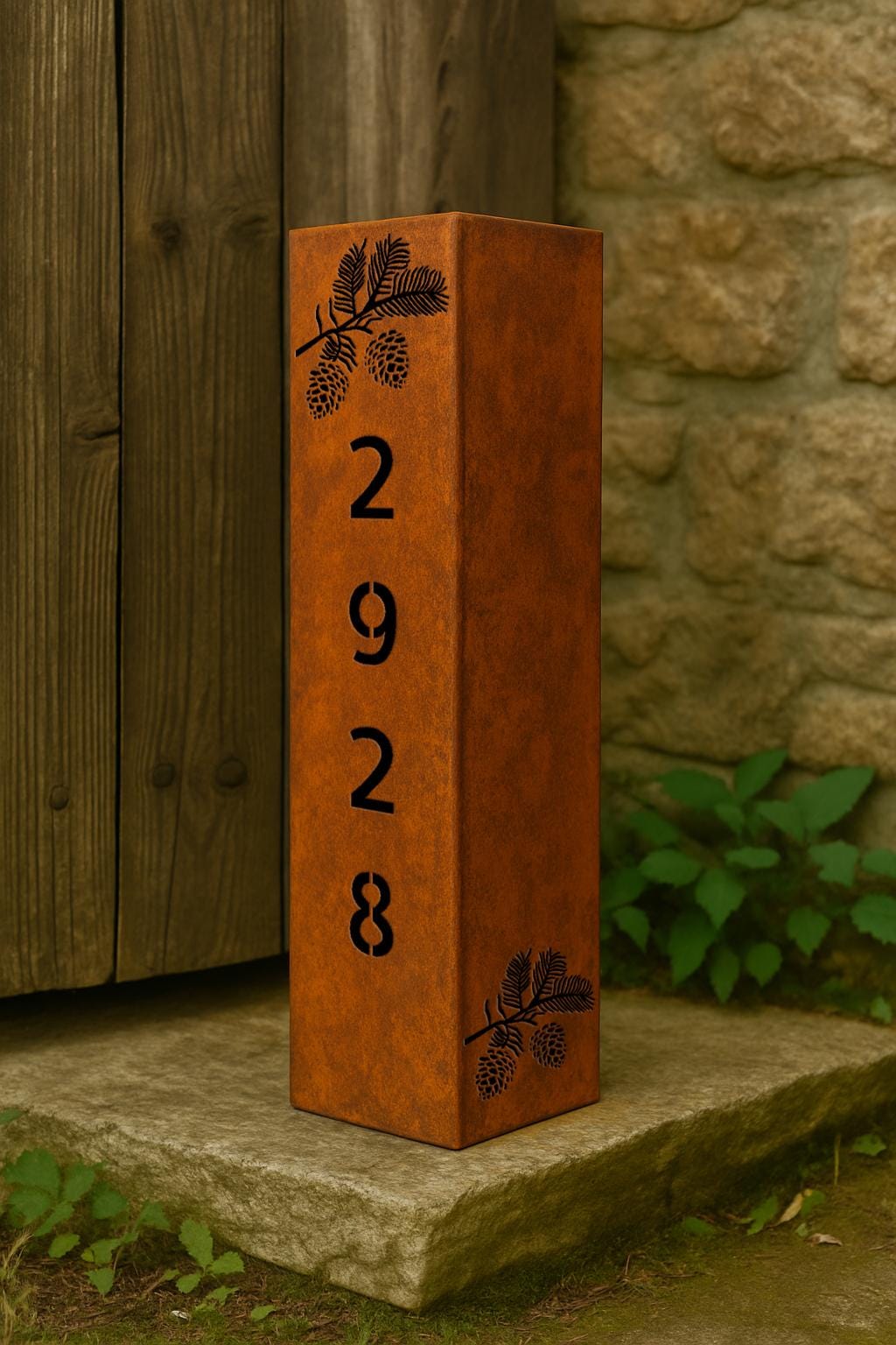 Metal House Number Column with Pine Cones, Rustic Steel Address Post