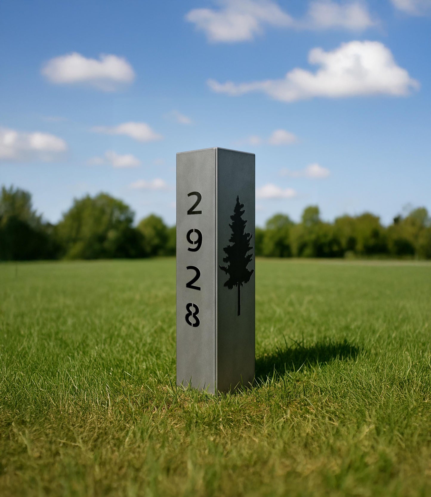 Personalized Metal Garden Column with Pine Tree, Raw Steel House Number Yard Sign, Outdoor Address Pillar, Modern Rustic Decor