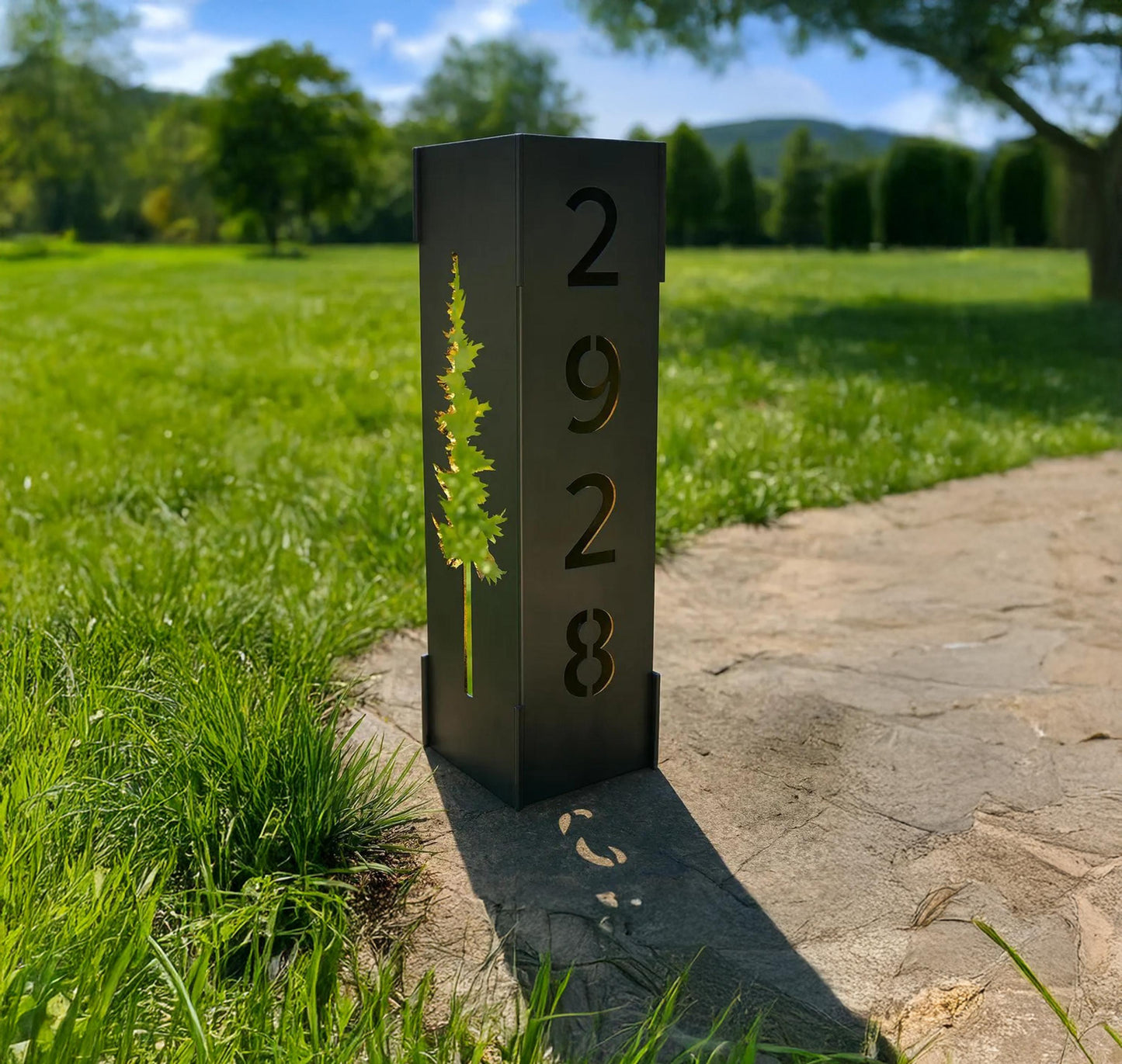 Custom Metal Address Column with House Numbers,  Modern Steel Yard Sign