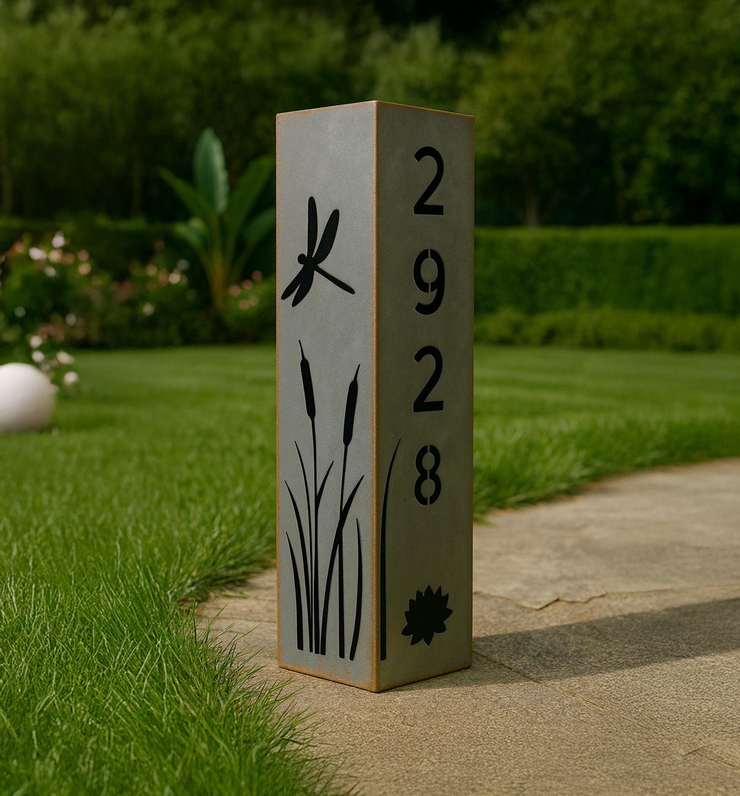 Raw Steel Garden Column with Dragonfly Design, Personalized House Number Post, Modern Rustic Outdoor Yard Art, Decorative Law