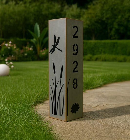 Raw Steel Garden Column with Dragonfly Design, Personalized House Number Post, Modern Rustic Outdoor Yard Art, Decorative Law