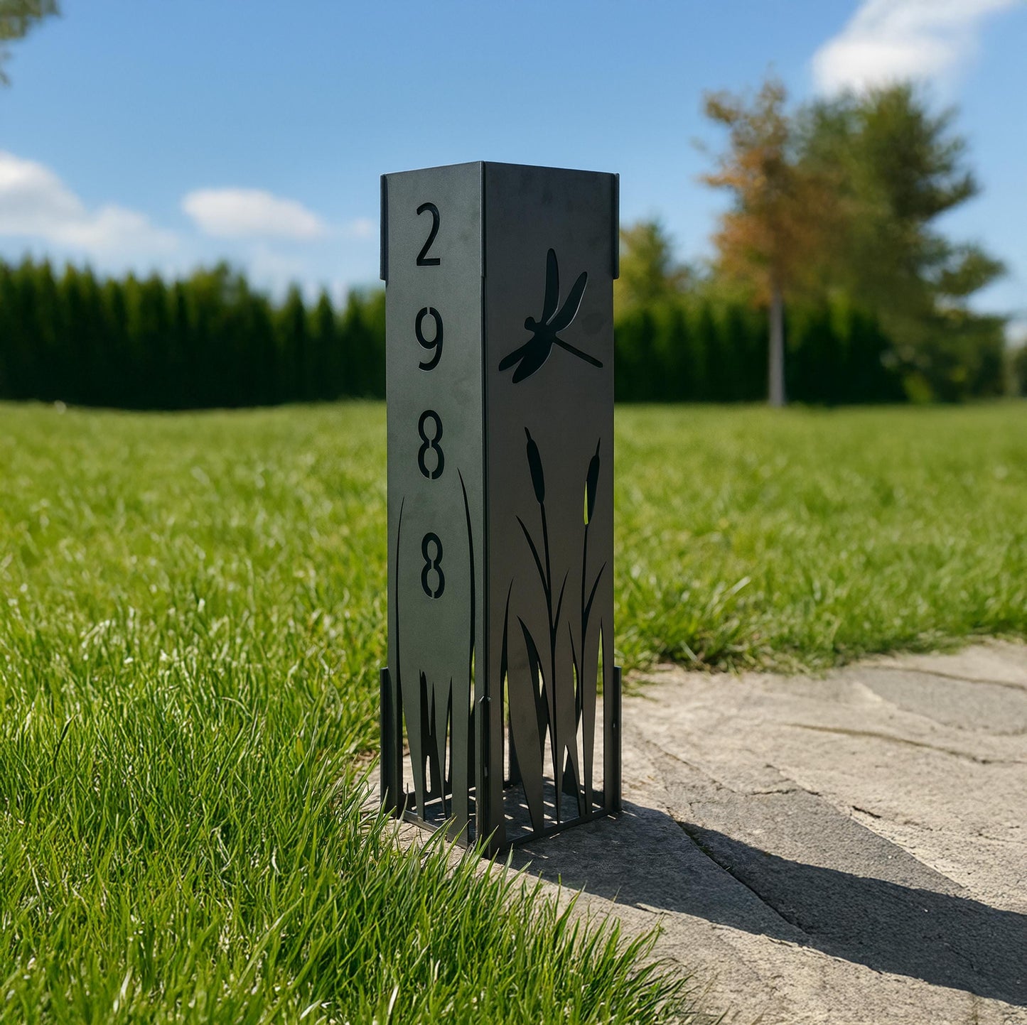 Personalized Garden Column, Metal House Number Post with Bamboo and Dragonfly Design, Rustic Yard Address Sign, Outdoor Garden Decor