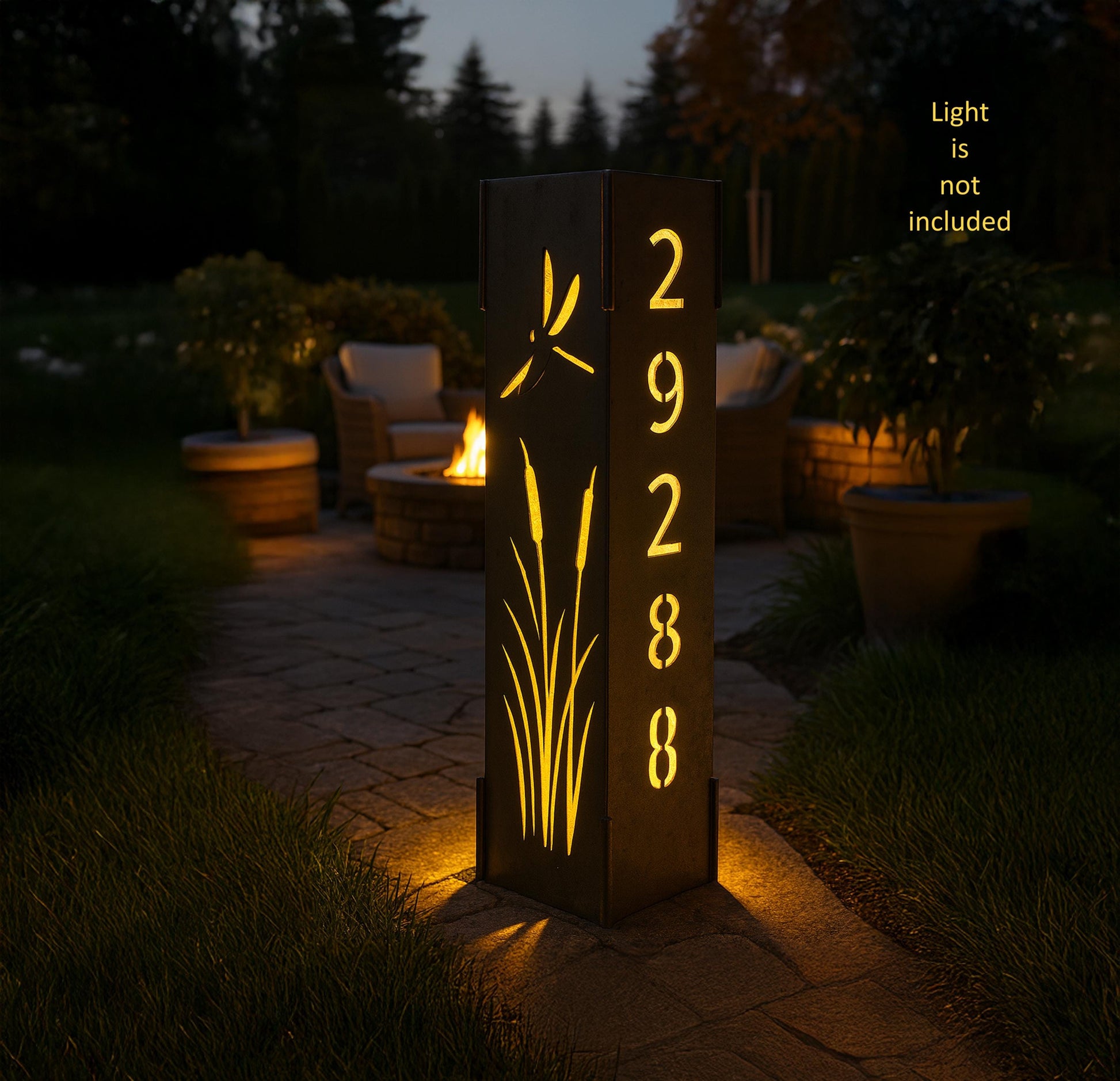 Personalized Garden Column, Metal House Number Post with Bamboo and Dragonfly Design, Rustic Yard Address Sign, Outdoor Garde
