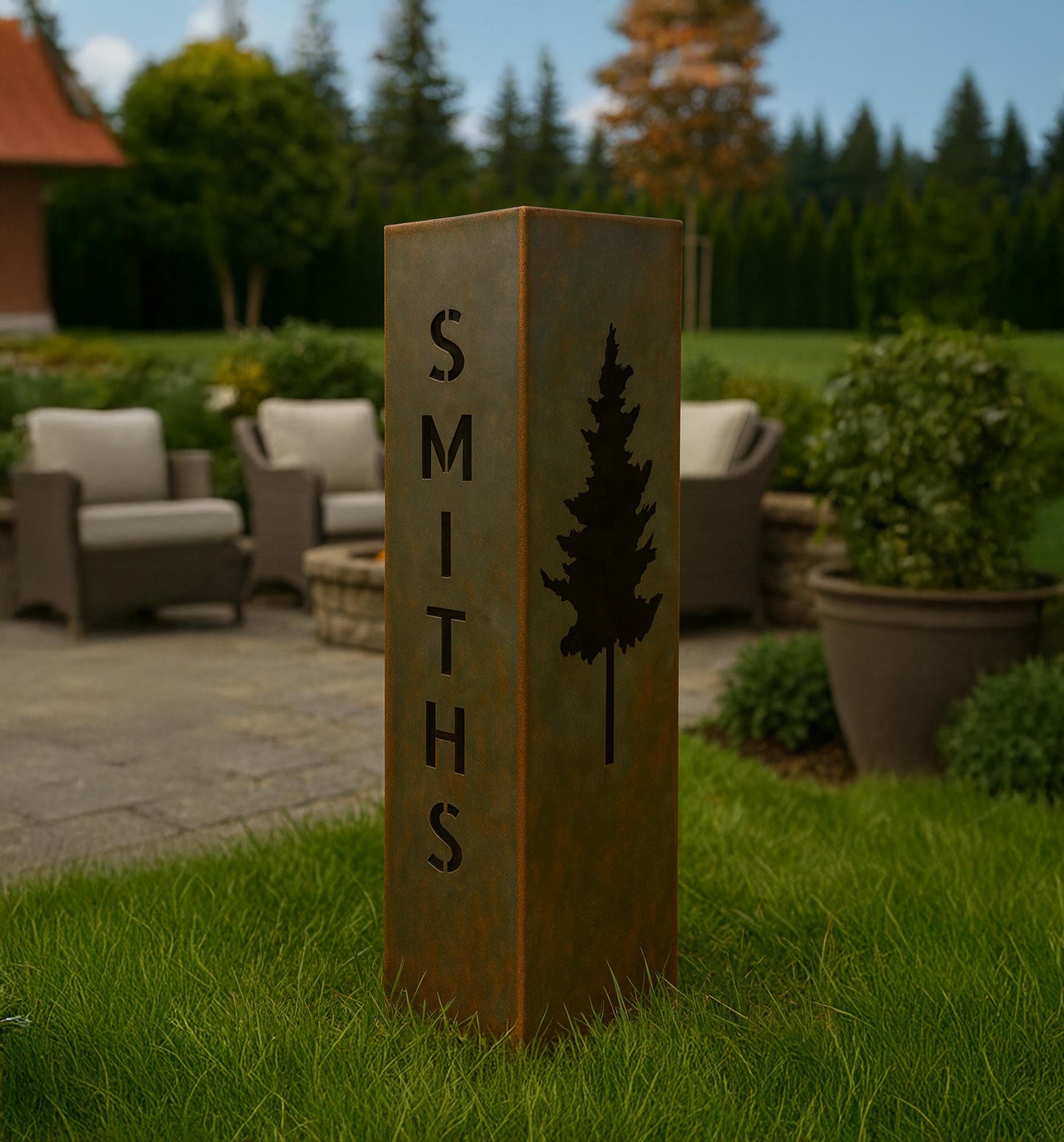 Personalized Metal Garden Column with Pine Tree, Raw Steel House Number Yard Sign, Outdoor Address Pillar, Modern Rustic Decor