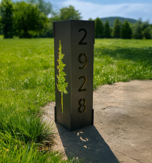 Personalized Metal Garden Column with Pine Tree, Raw Steel House Number Yard Sign, Outdoor Address Pillar, Modern Rustic Deco