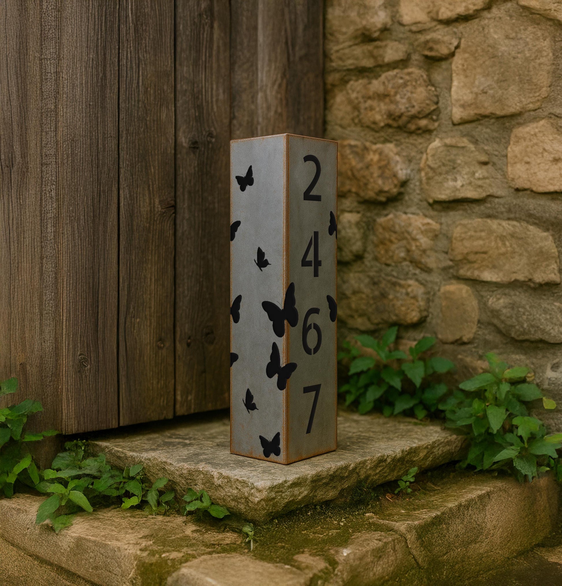 Personalized Garden Column with Butterflies, Metal House Number Yard Post, Rustic Address Pillar, Outdoor Lawn Decor, Raw Ste