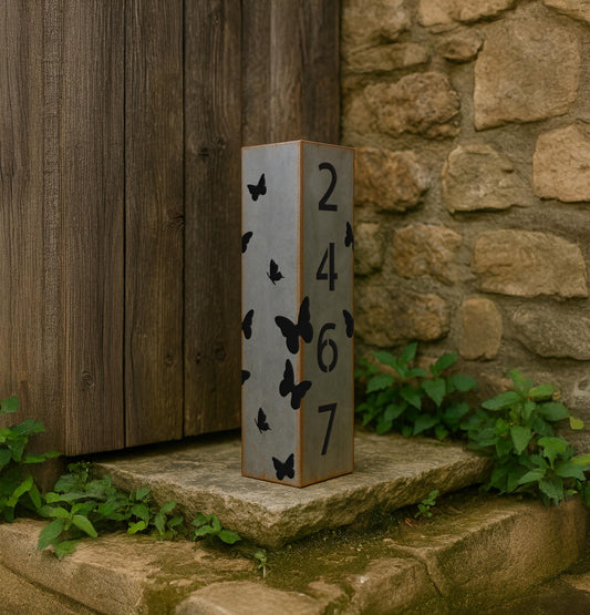 Personalized Garden Column with Butterflies, Metal House Number Yard Post, Rustic Address Pillar, Outdoor Lawn Decor, Raw Ste