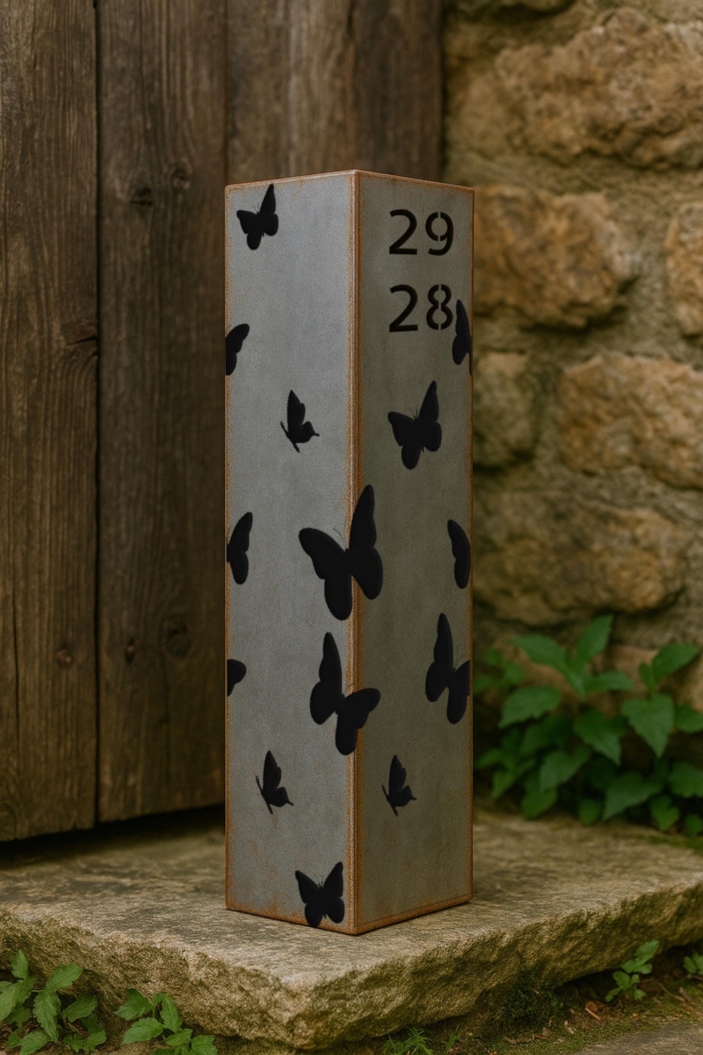 Personalized Garden Column with Butterflies, Metal House Number Yard Post, Rustic Address Pillar, Outdoor Lawn Decor, Raw Steel Art