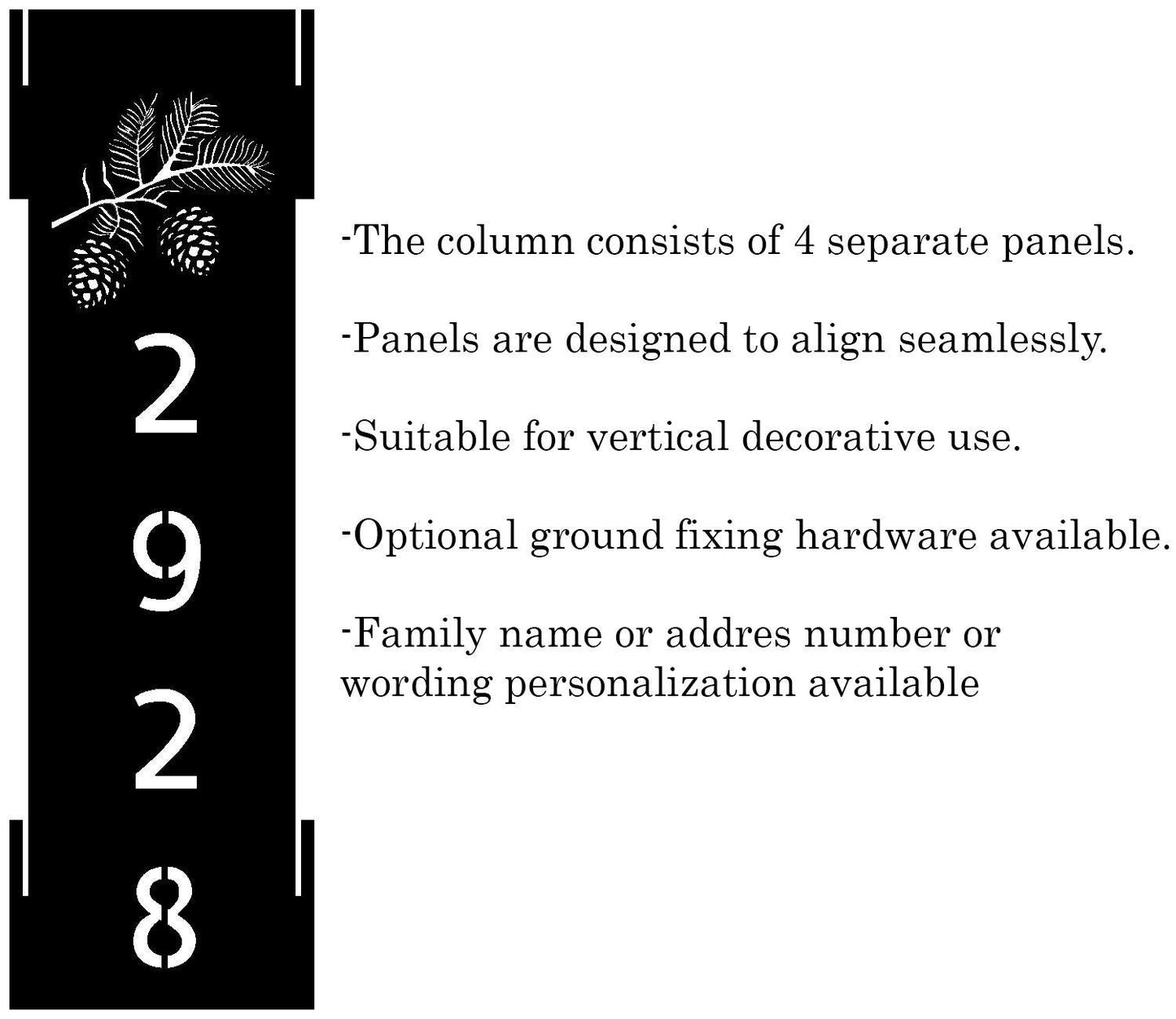 Metal House Number Column with Pine Cones, Rustic Steel Address Post