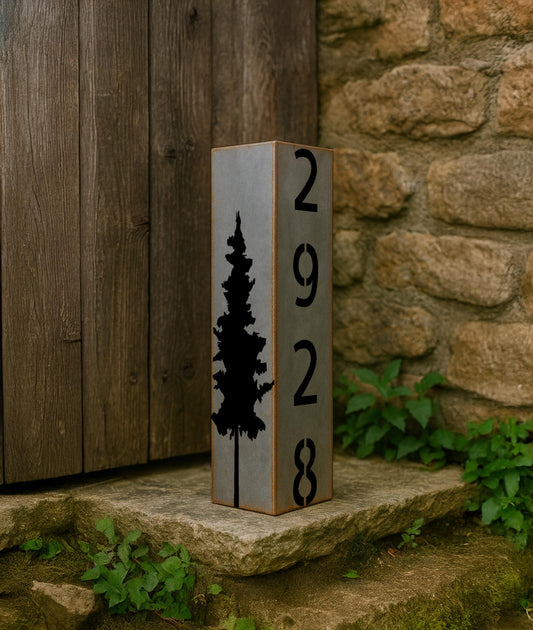 Personalized Raw Steel Garden Column, Pine Tree Address Sign, Rustic Outdoor Decor