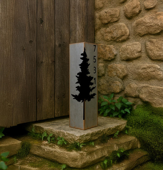 Custom Pine Tree Metal Garden Column with House Number, Collapsible Raw Steel Yard Post, Personalized Outdoor Lawn Art, Rusti