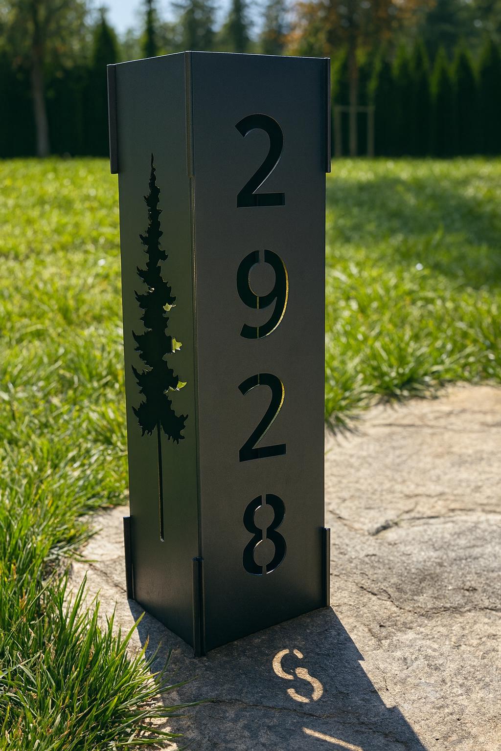 Custom Metal Address Column with House Numbers,  Modern Steel Yard Sign