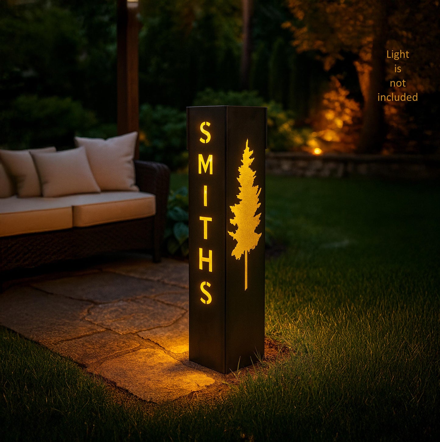 Personalized Metal Garden Column with Pine Tree, Raw Steel House Number Yard Sign, Outdoor Address Pillar, Modern Rustic Decor