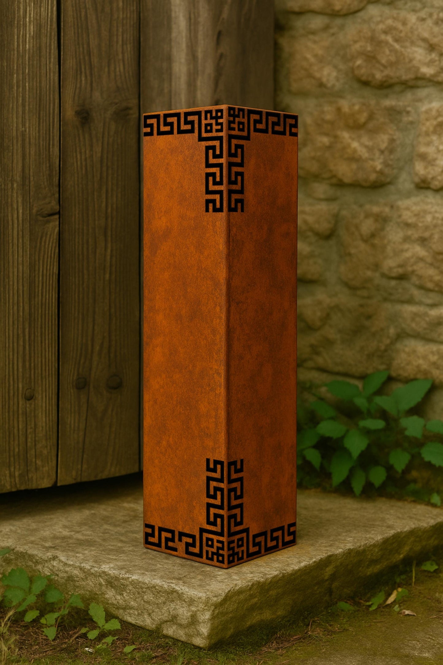 Raw Steel Garden Column with Cutout Design, Zen Outdoor Light Cover or Address Post, Modern Greek Key Metal Decor, Landscape Pillar