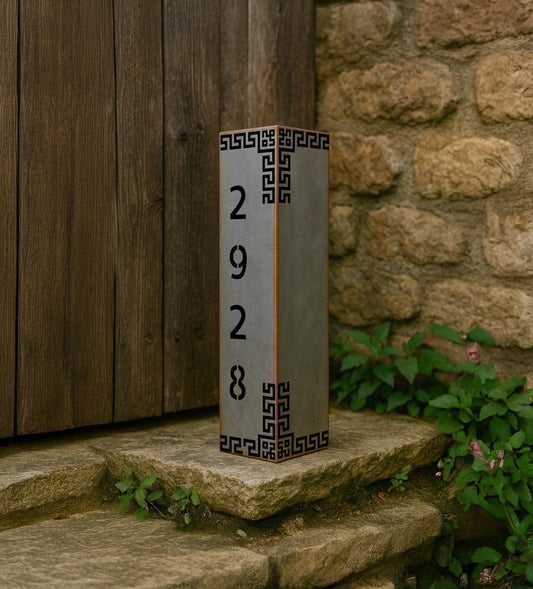 Raw Steel Garden Column with Cutout Design, Zen Outdoor Light Cover or Address Post, Modern Greek Key Metal Decor, Landscape 