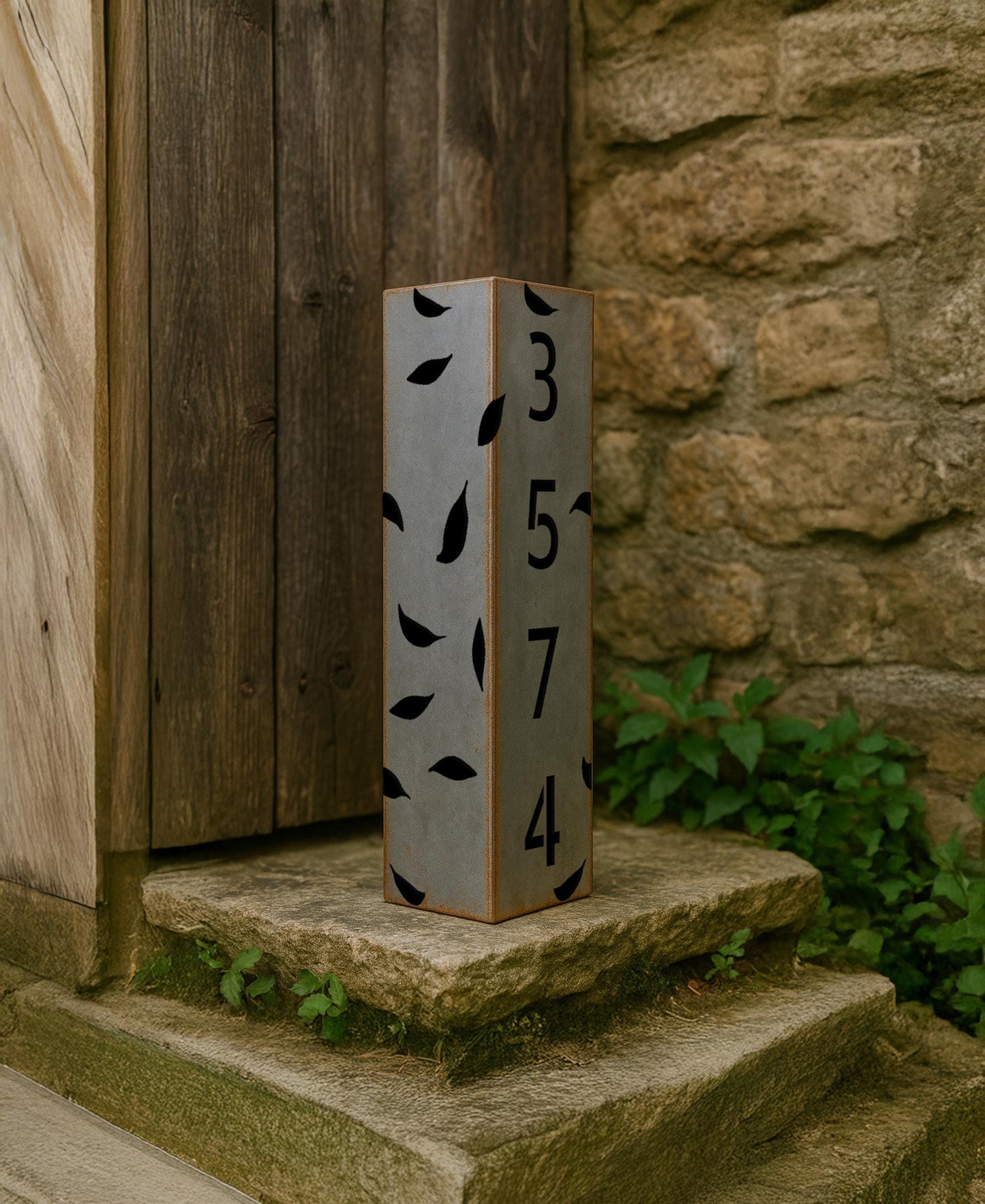 Personalized Metal Garden Column, Leaf Cutouts, Rustic Address Light Post