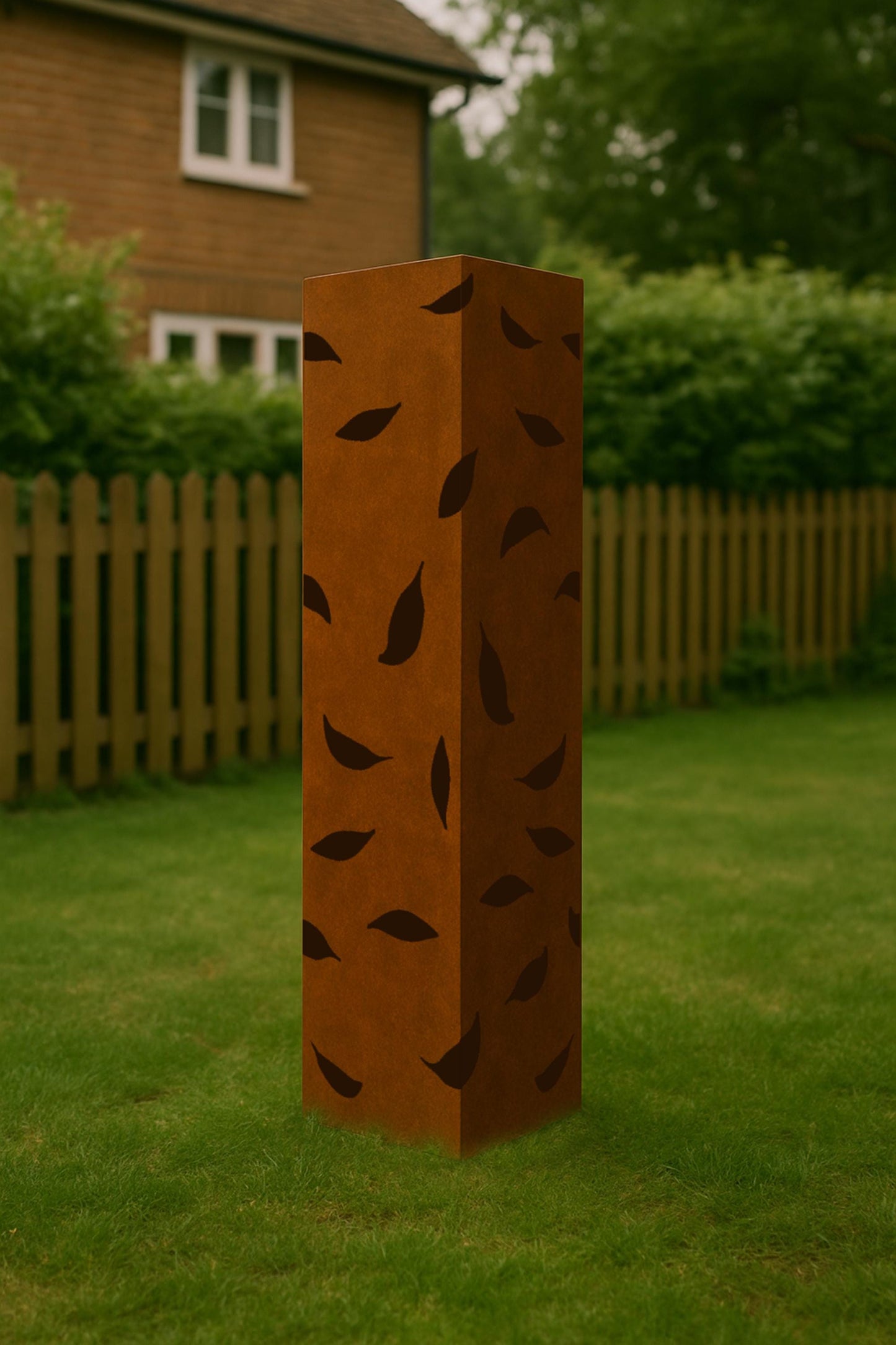 Personalized Metal Garden Column, Leaf Cutouts, Rustic Address Light Post