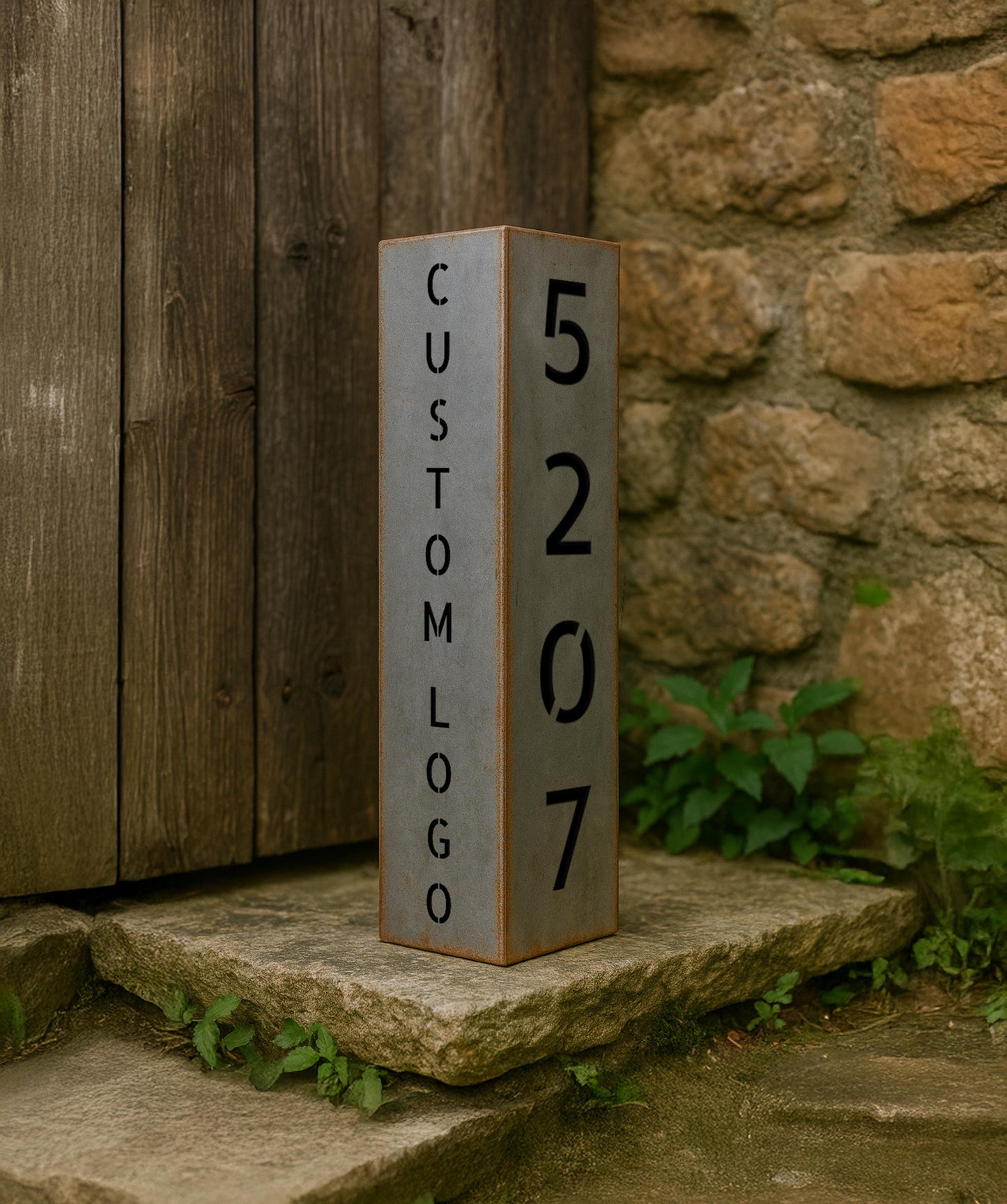 Custom Logo Address Pillar, Modern Metal Sign, Business Logo Column, Illuminated Landscape Post, House Number Sign