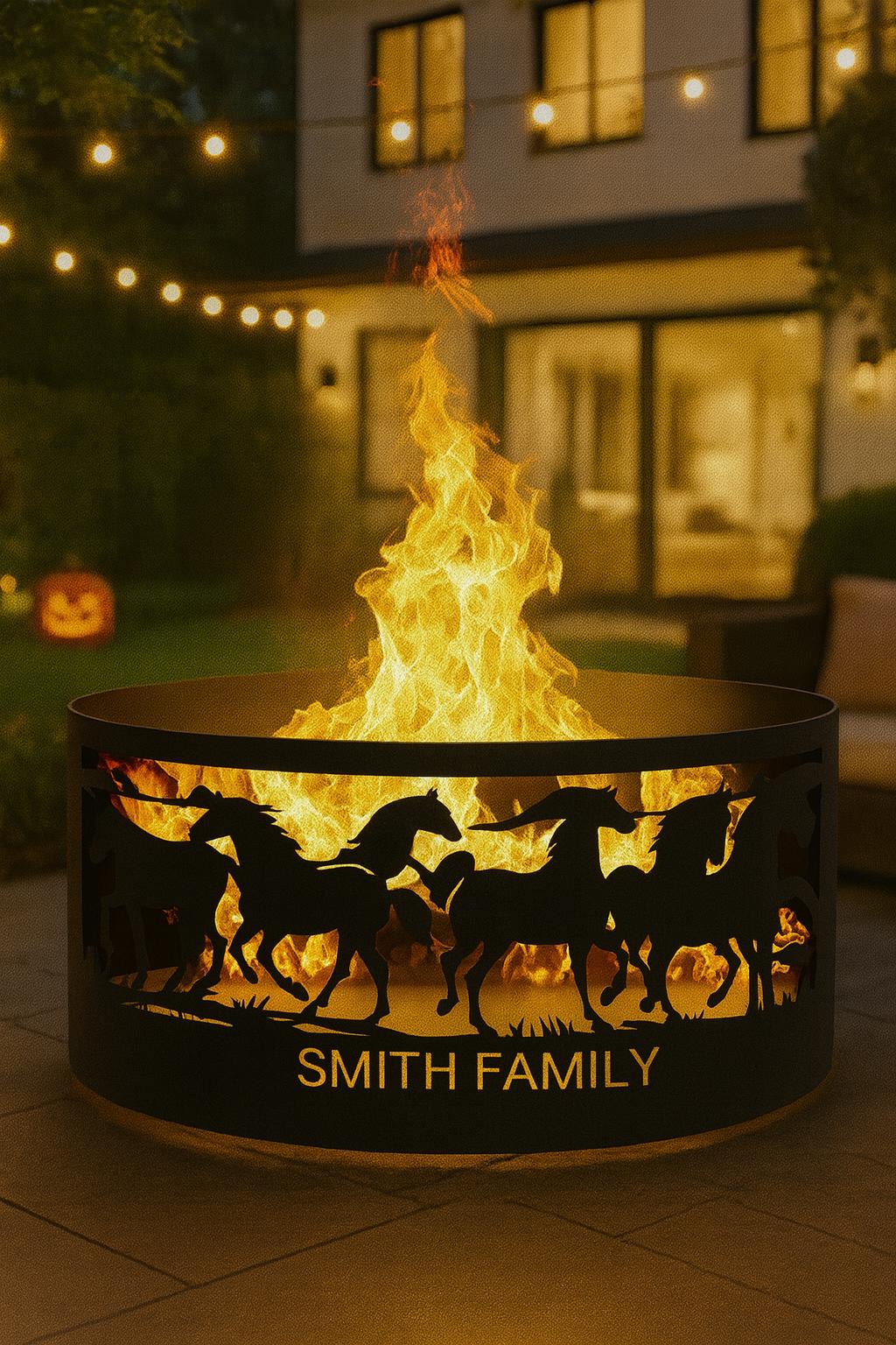 Personalized Horse Fire Pit Ring, Custom Metal Outdoor Fire Pit with Family Name, Rustic Farmhouse Campfire Ring, Western Gift