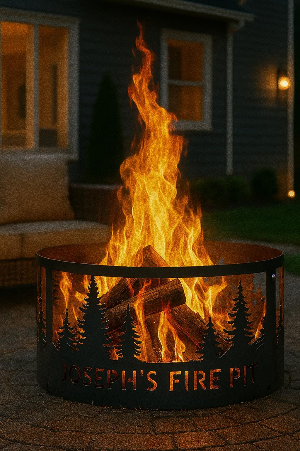 Personalized Fire Pit Ring, Custom Metal Backyard Fire Pit with Family Name, Outdoor Patio Campfire Ring, Forest Scene Gift