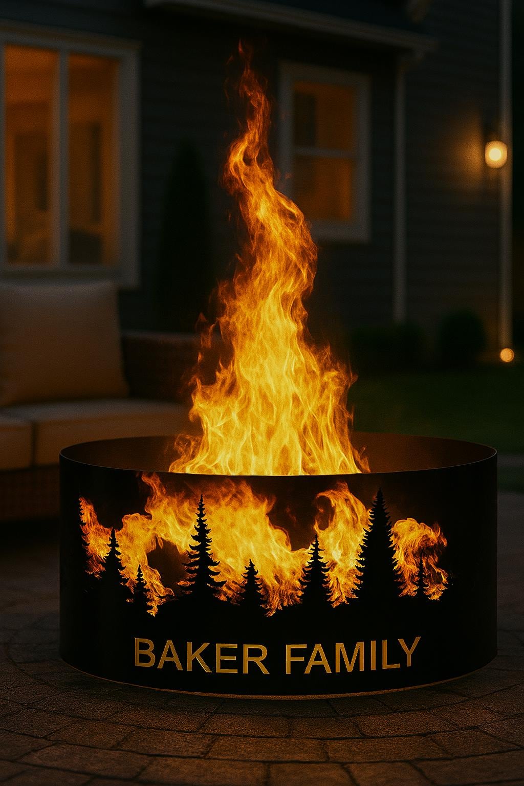 Personalized Fire Pit Ring, Custom Metal Backyard Fire Pit with Family Name, Outdoor Patio Campfire Ring, Forest Scene Gift