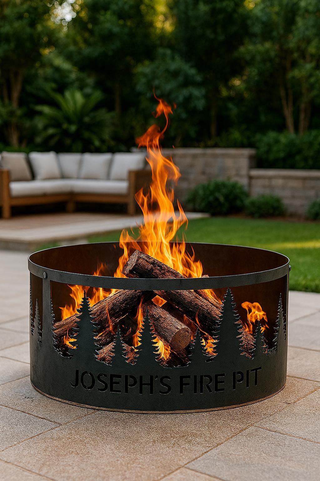 Custom Fire Pit Ring with Name, Forest Tree Design Metal Fire Pit for Patio, Outdoor Camping, Personalized Backyard Fire Bowl