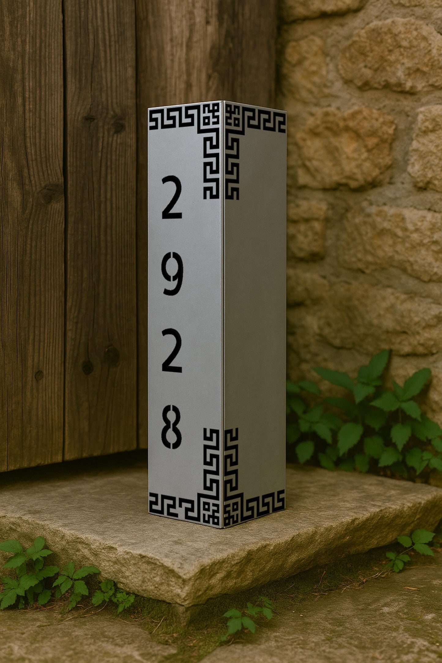 Raw Steel Garden Column with Cutout Design, Zen Outdoor Light Cover or Address Post, Modern Greek Key Metal Decor, Landscape Pillar