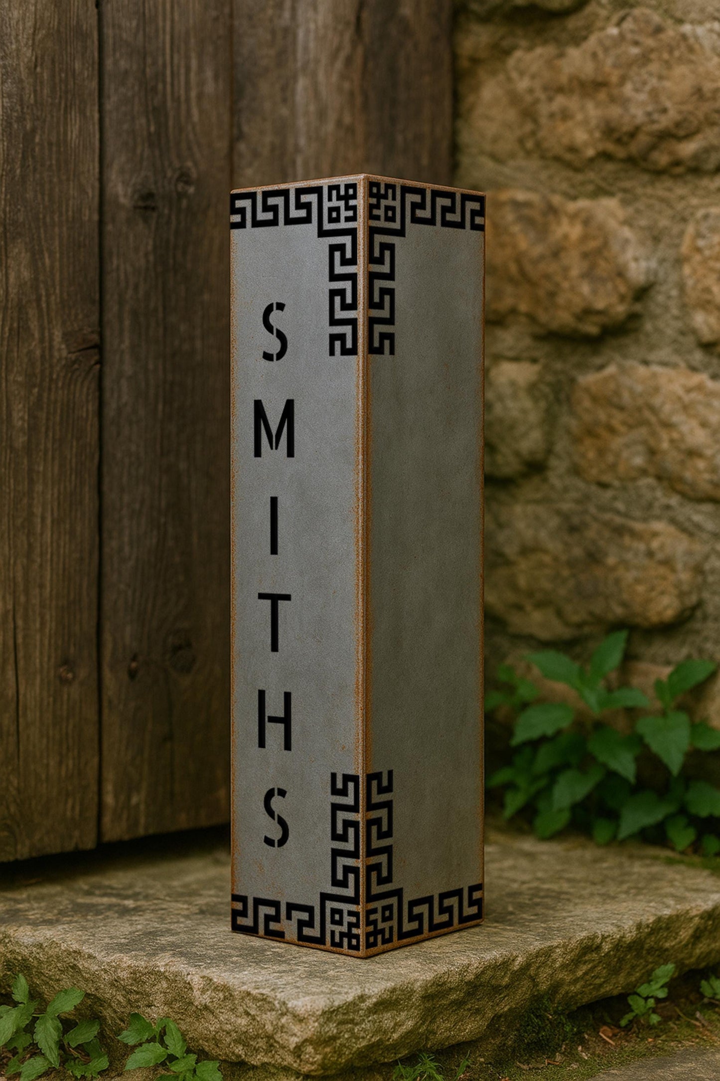 Raw Steel Garden Column with Cutout Design, Zen Outdoor Light Cover or Address Post, Modern Greek Key Metal Decor, Landscape Pillar