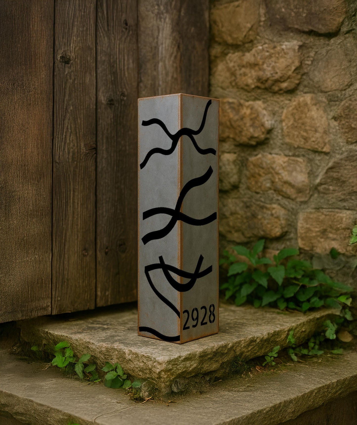 Metal Garden Address Column, Modern Steel Yard Pillar with Custom House Numbers