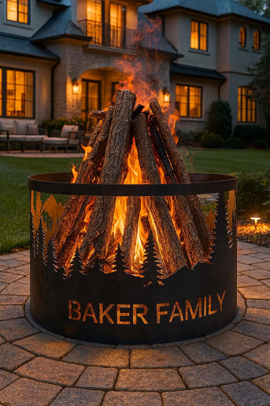16 Inch Tall Forest Tree Personalized Fire Pit Ring, Custom Metal Outdoor Fire Pit Bowl, Family Name Patio Fire Pit, Cabin & Christmas Gift