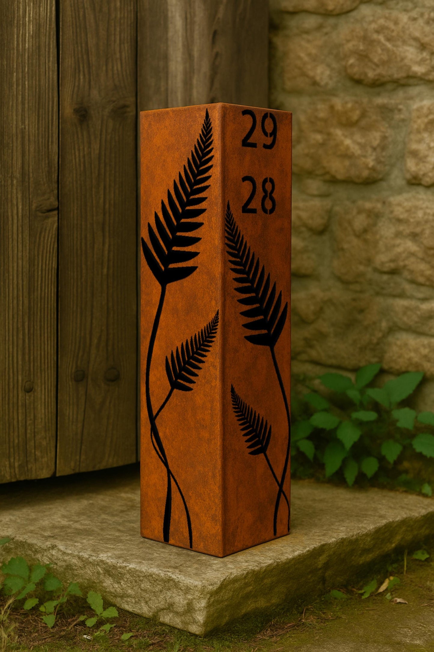Metal Garden Column with Fern Cutouts, Light Casting Yard Art, Modern Outdoor Decor