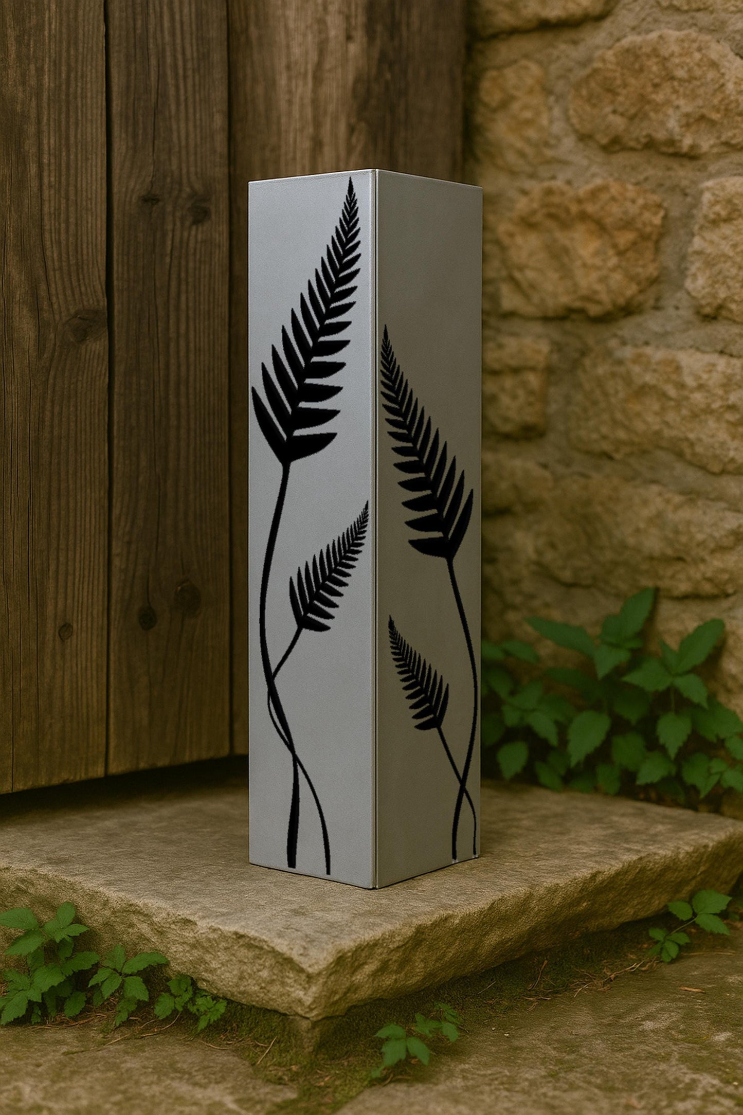 Metal Garden Column with Fern Cutouts, Light Casting Yard Art, Modern Outdoor Decor