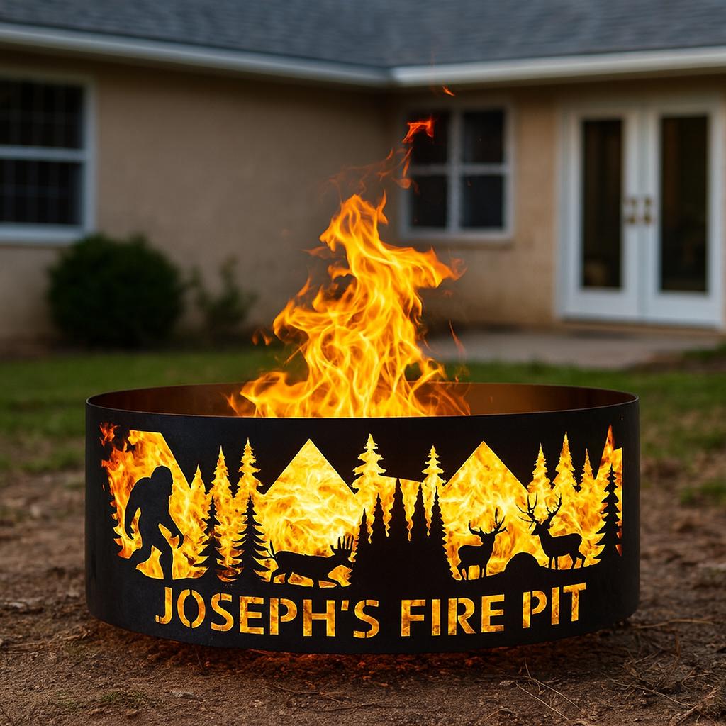 Bigfoot Forest Fire Pit, Custom Firepit, Custom Gift for Him, Heavy Duty Fire Pit Ring, Deer and Sasquatch Design, Christmas Cabin Gift