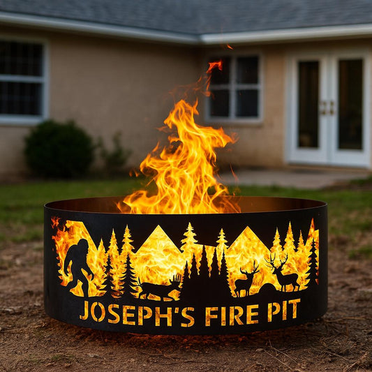 Bigfoot Forest Fire Pit, Custom Firepit, Custom Gift for Him, Heavy Duty Fire Pit Ring, Deer and Sasquatch Design, Christmas Cabin Gift