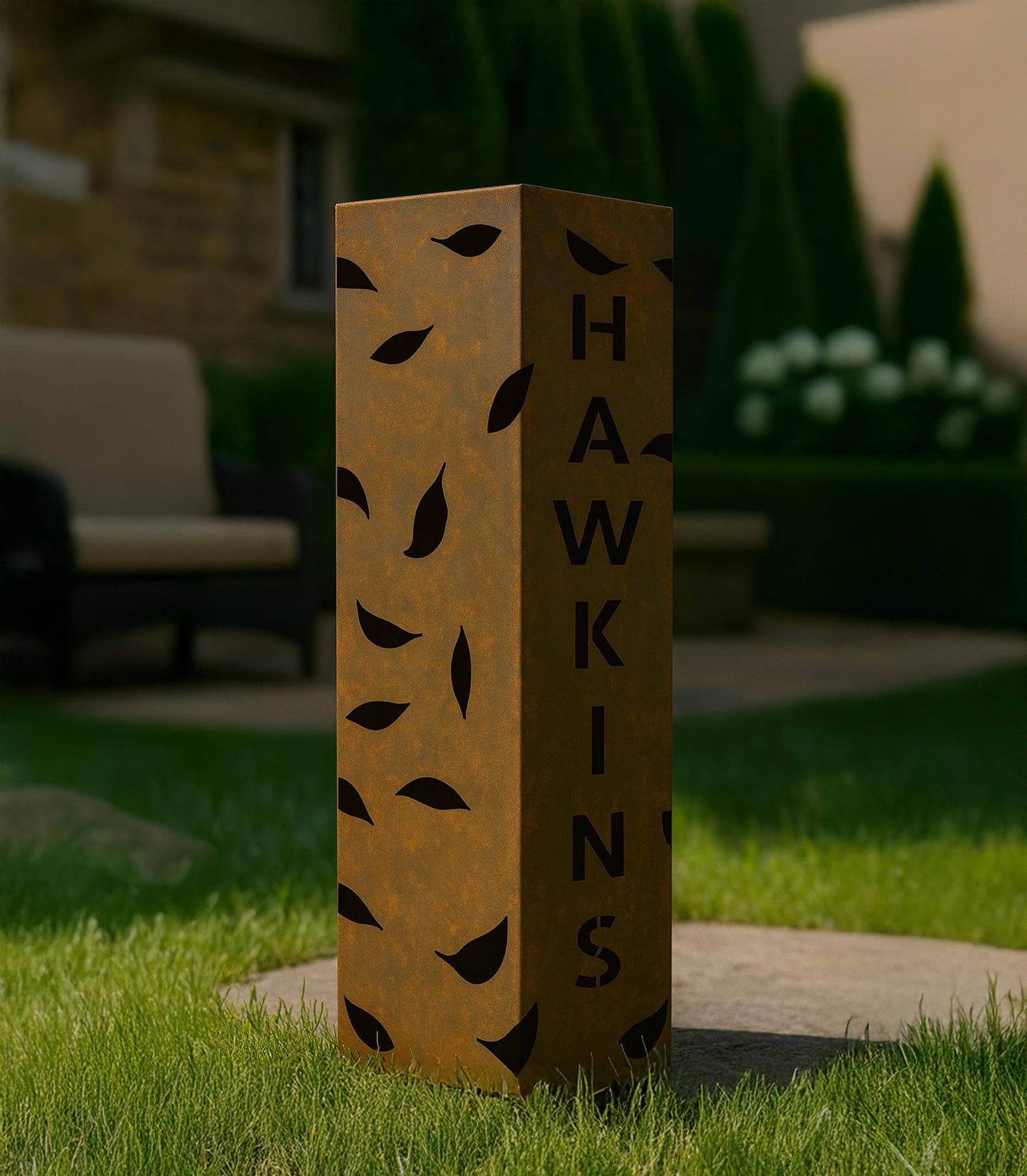 Personalized Metal Garden Column, Leaf Cutouts, Rustic Address Light Post