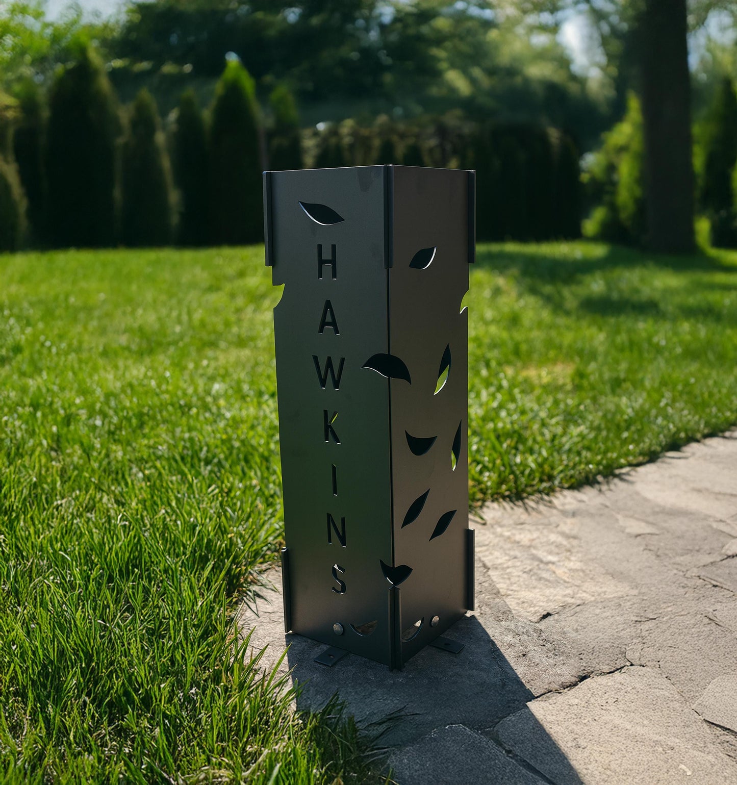 Personalized Metal Garden Column, Leaf Cutouts, Rustic Address Light Post