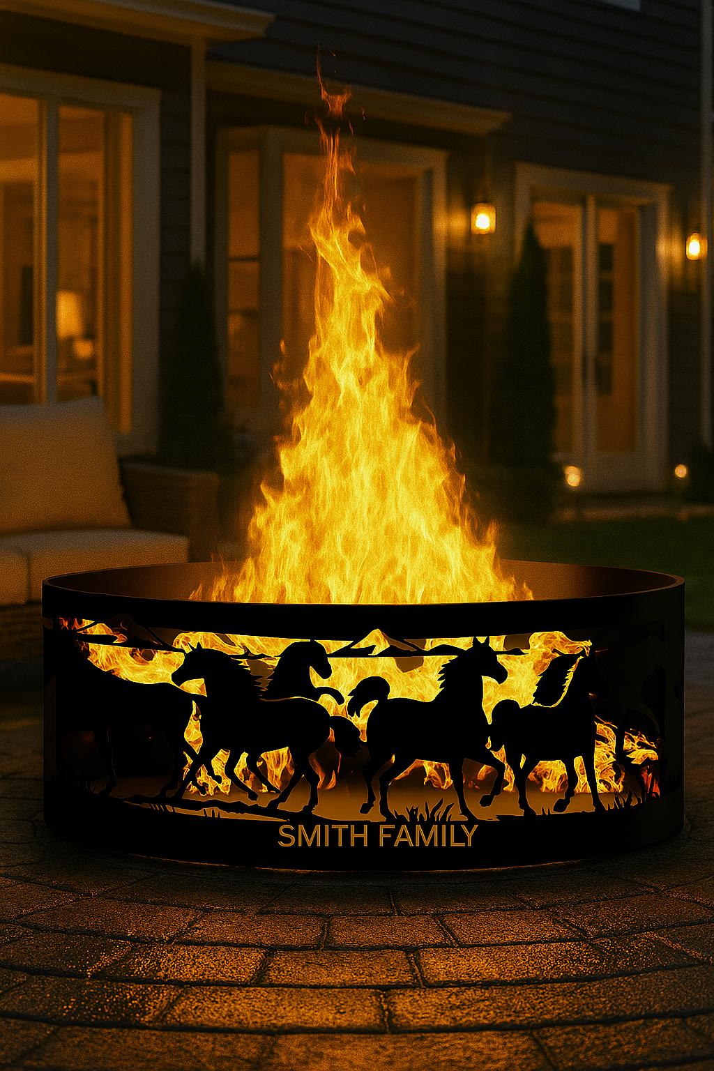 Personalized Horse Fire Pit Ring, Custom Metal Outdoor Fire Pit with Family Name, Rustic Farmhouse Campfire Ring, Western Gift