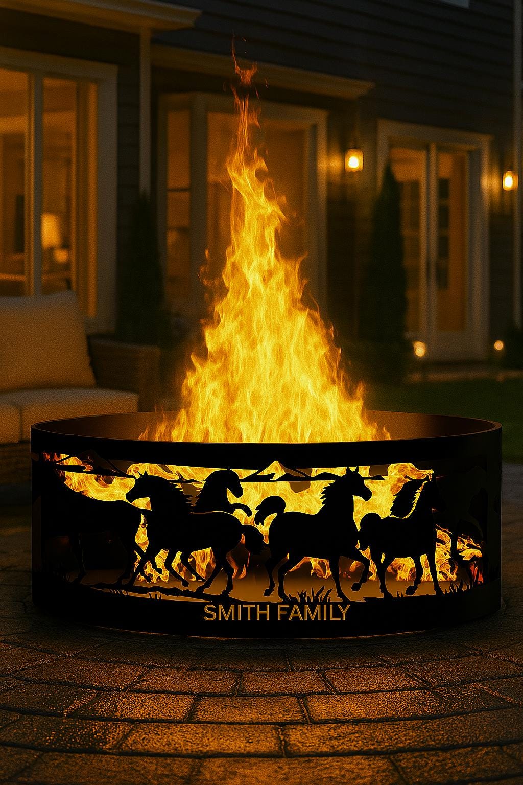 Personalized Horse Fire Pit Ring, Custom Metal Outdoor Fire Pit with Family Name, Rustic Farmhouse Campfire Ring, Western Gift