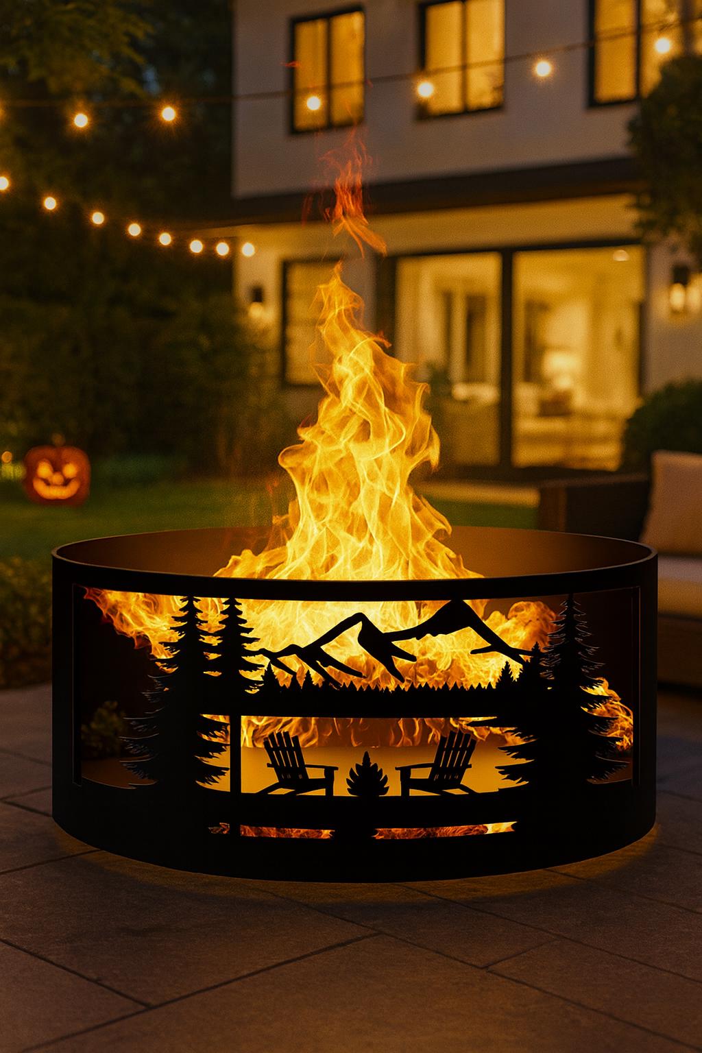 Camping Chair Fire Pit, Nature Silhouette Metal Fire Ring, Outdoor Steel Fire Pit for Backyard, Wood Burning Bonfire, Christmas Gift for Him