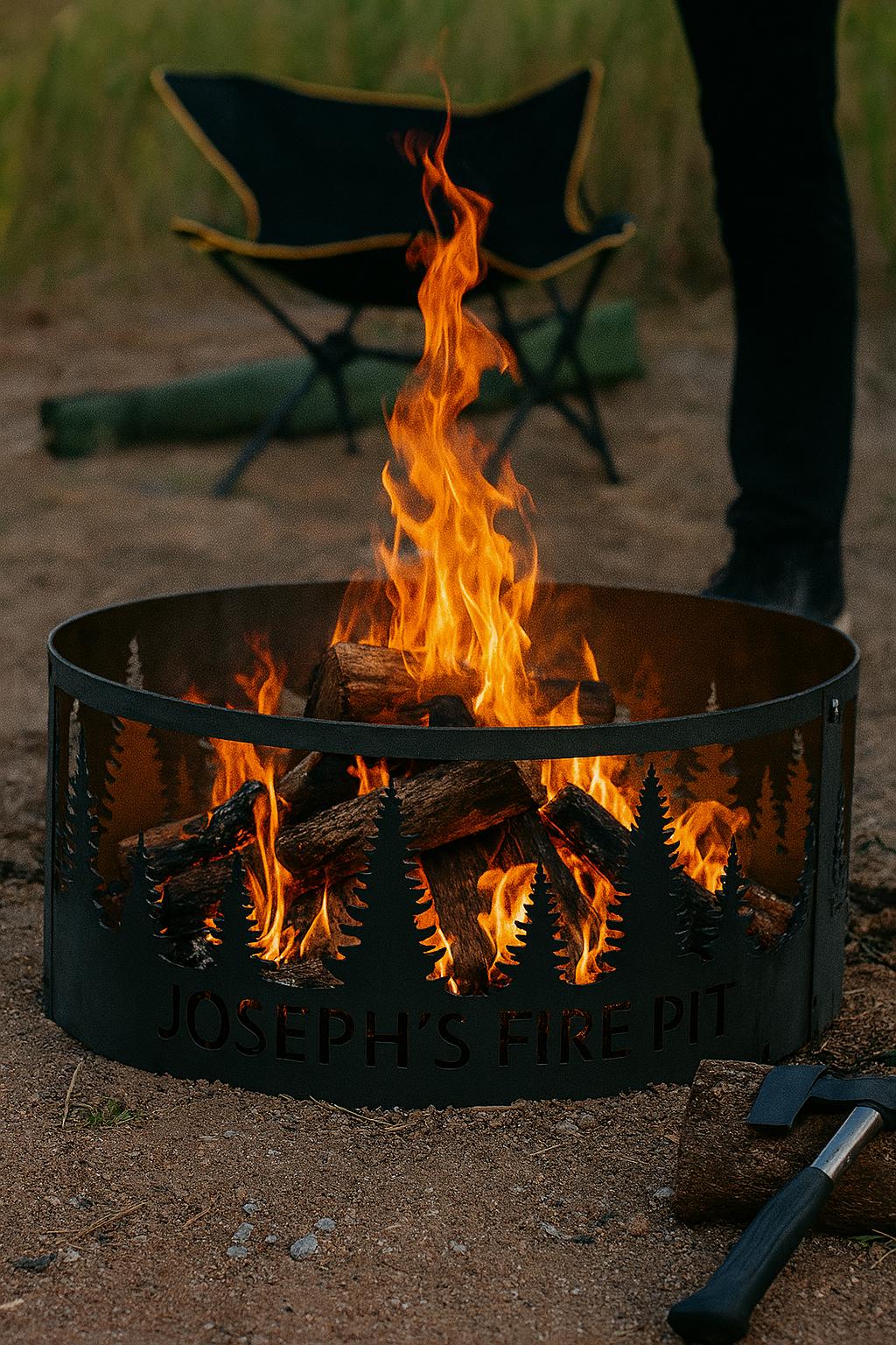 Custom Fire Pit Ring with Name, Forest Tree Design Metal Fire Pit for Patio, Outdoor Camping, Personalized Backyard Fire Bowl