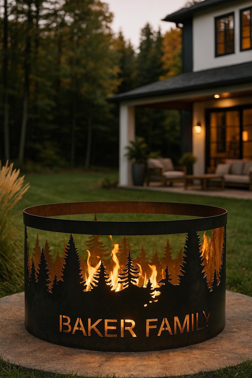Personalized Fire Pit Ring, Custom Metal Backyard Fire Pit with Family Name, Outdoor Patio Campfire Ring, Forest Scene Gift