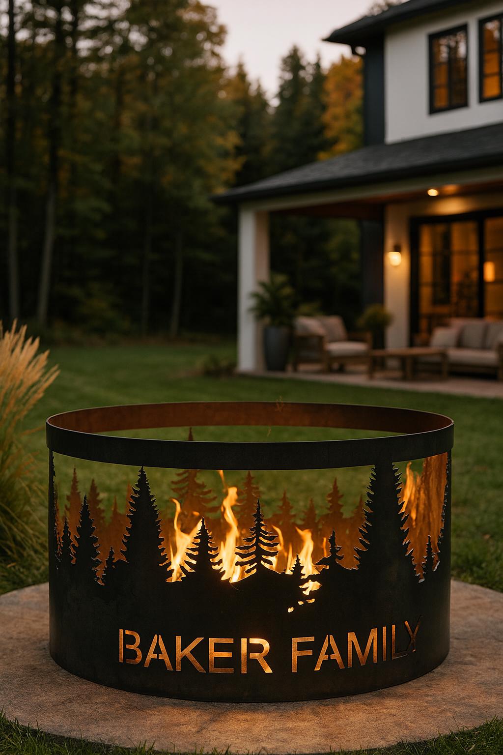 Personalized Fire Pit Ring, Custom Metal Backyard Fire Pit with Family Name, Outdoor Patio Campfire Ring, Forest Scene Gift