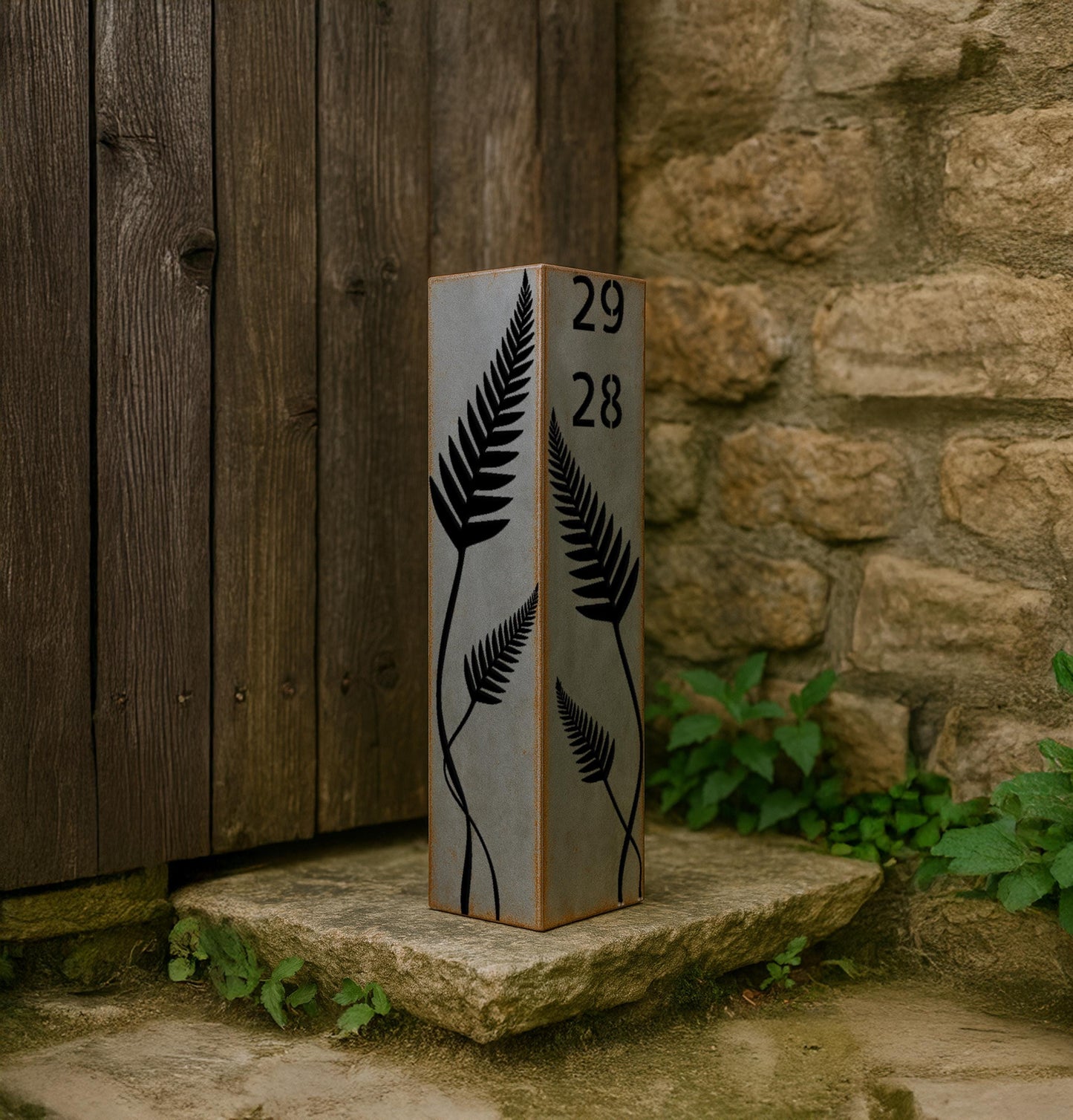Metal Garden Column with Fern Cutouts, Light Casting Yard Art, Modern Outdoor Decor