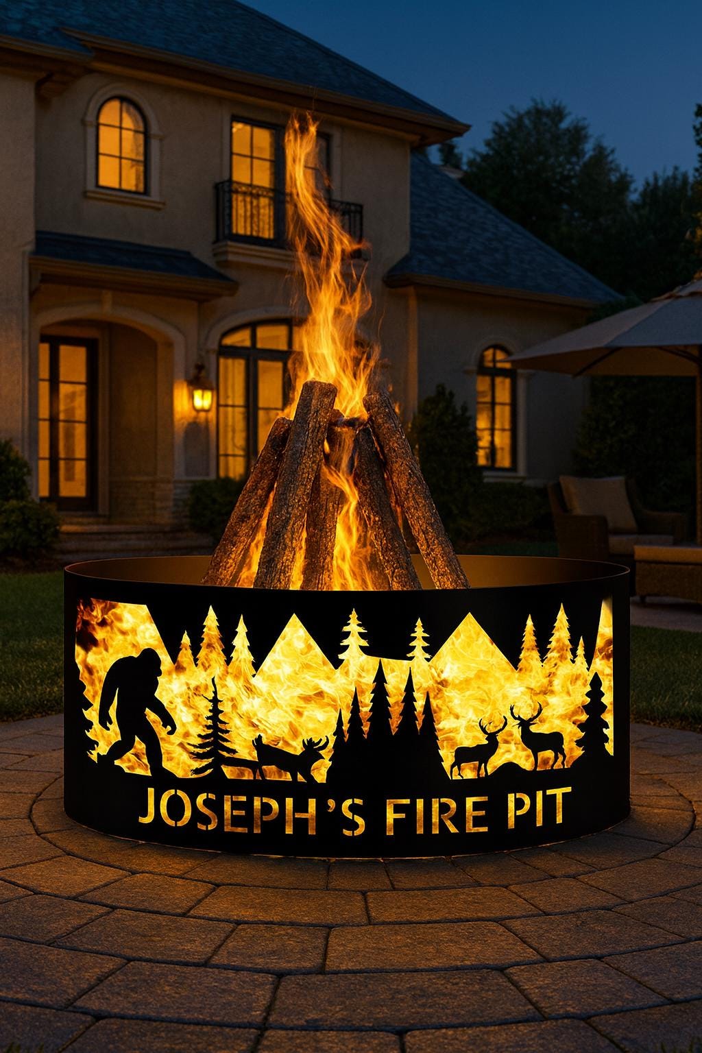Bigfoot Forest Fire Pit, Custom Firepit, Custom Gift for Him, Heavy Duty Fire Pit Ring, Deer and Sasquatch Design, Christmas Cabin Gift