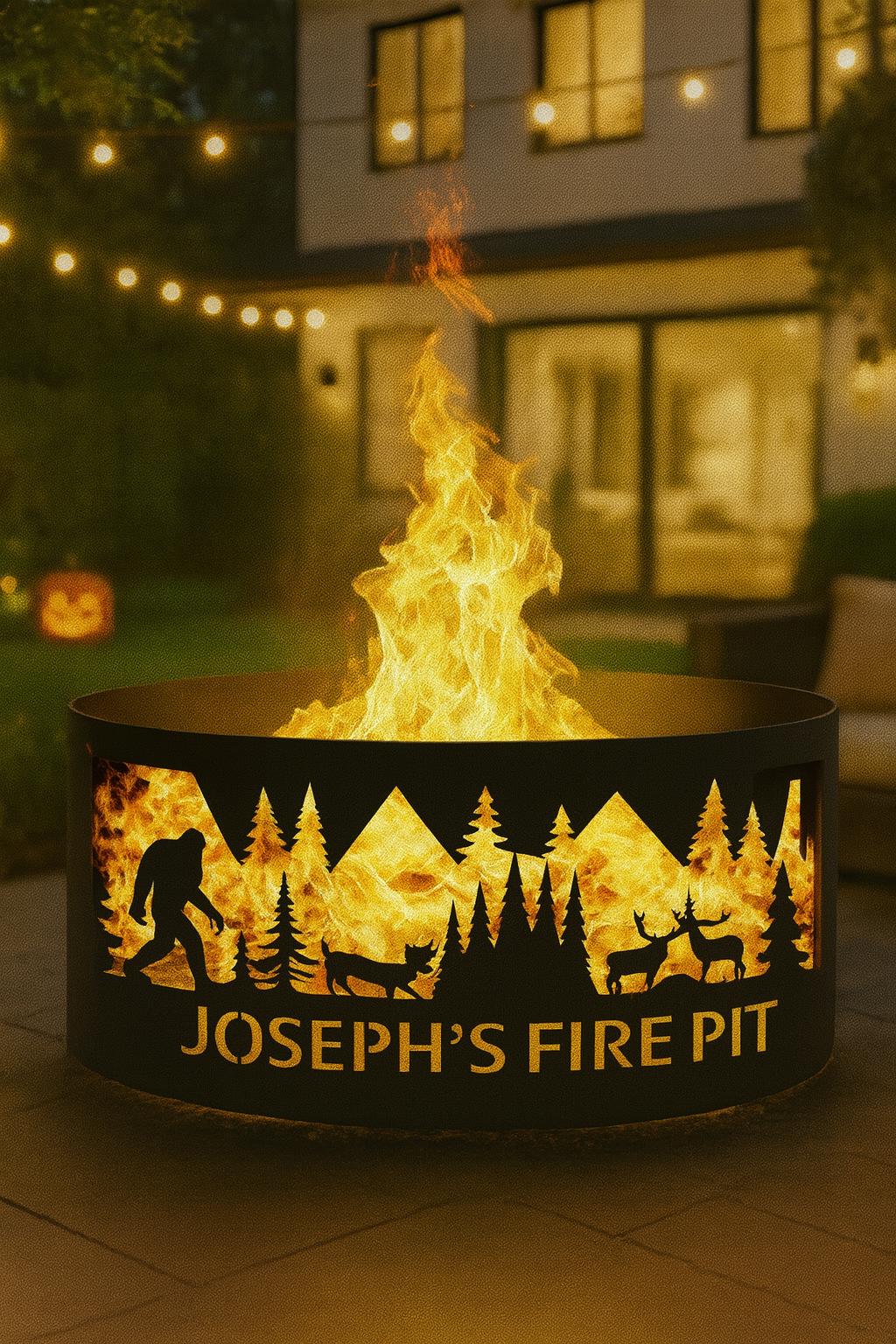Bigfoot Forest Fire Pit, Custom Firepit, Custom Gift for Him, Heavy Duty Fire Pit Ring, Deer and Sasquatch Design, Christmas Cabin Gift