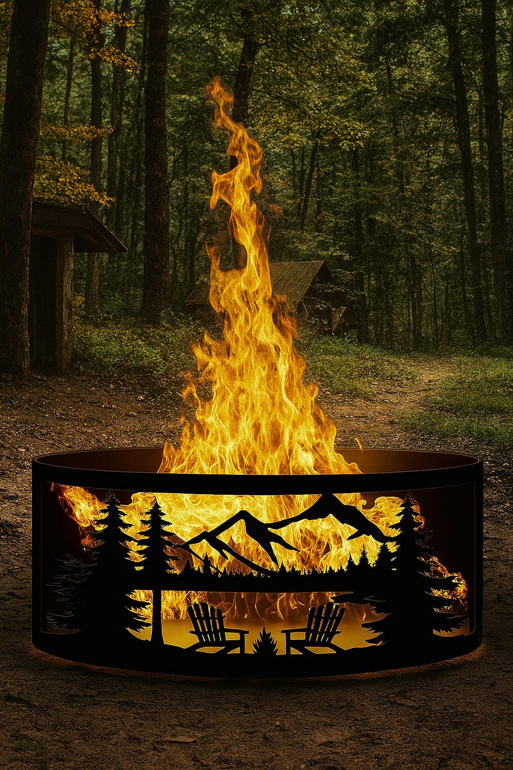 Camping Chair Fire Pit, Nature Silhouette Metal Fire Ring, Outdoor Steel Fire Pit for Backyard, Wood Burning Bonfire, Christmas Gift for Him