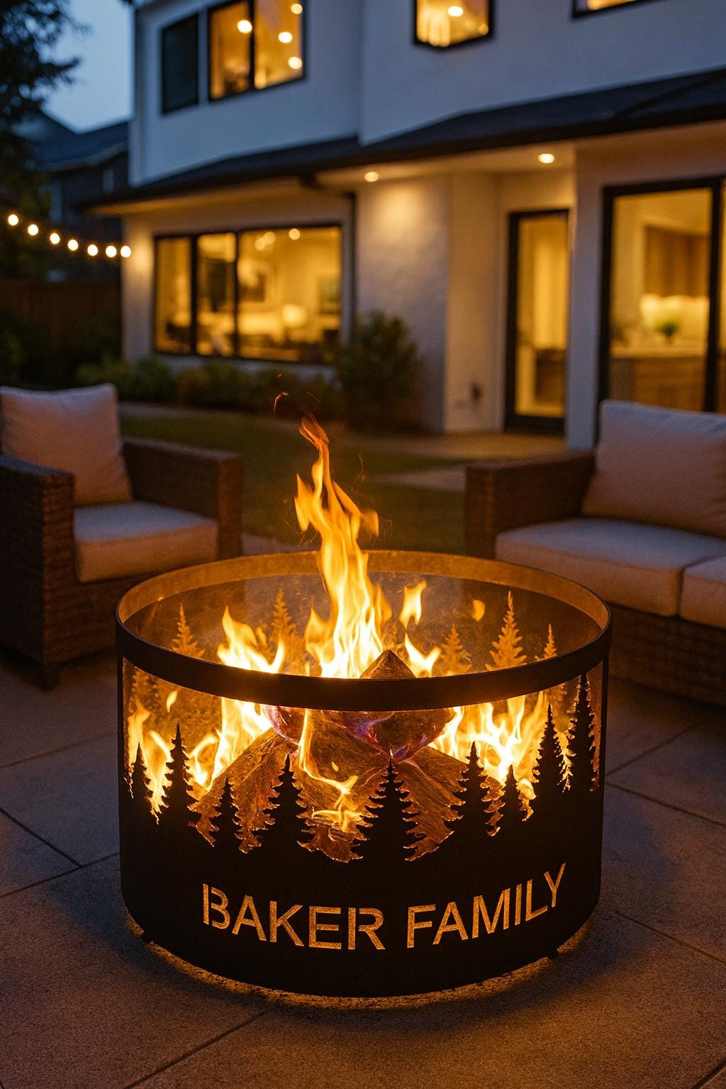 Personalized Fire Pit Ring, Custom Metal Backyard Fire Pit with Family Name, Outdoor Patio Campfire Ring, Forest Scene Gift