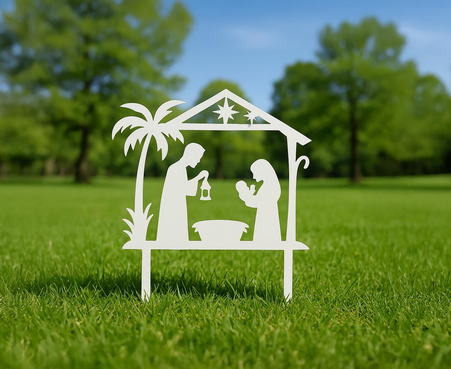 Metal Nativity Garden Stake | Minimalist Holy Family Yard Art | Modern Christmas Outdoor Decor | Light Casting Nativity Shadow Gift