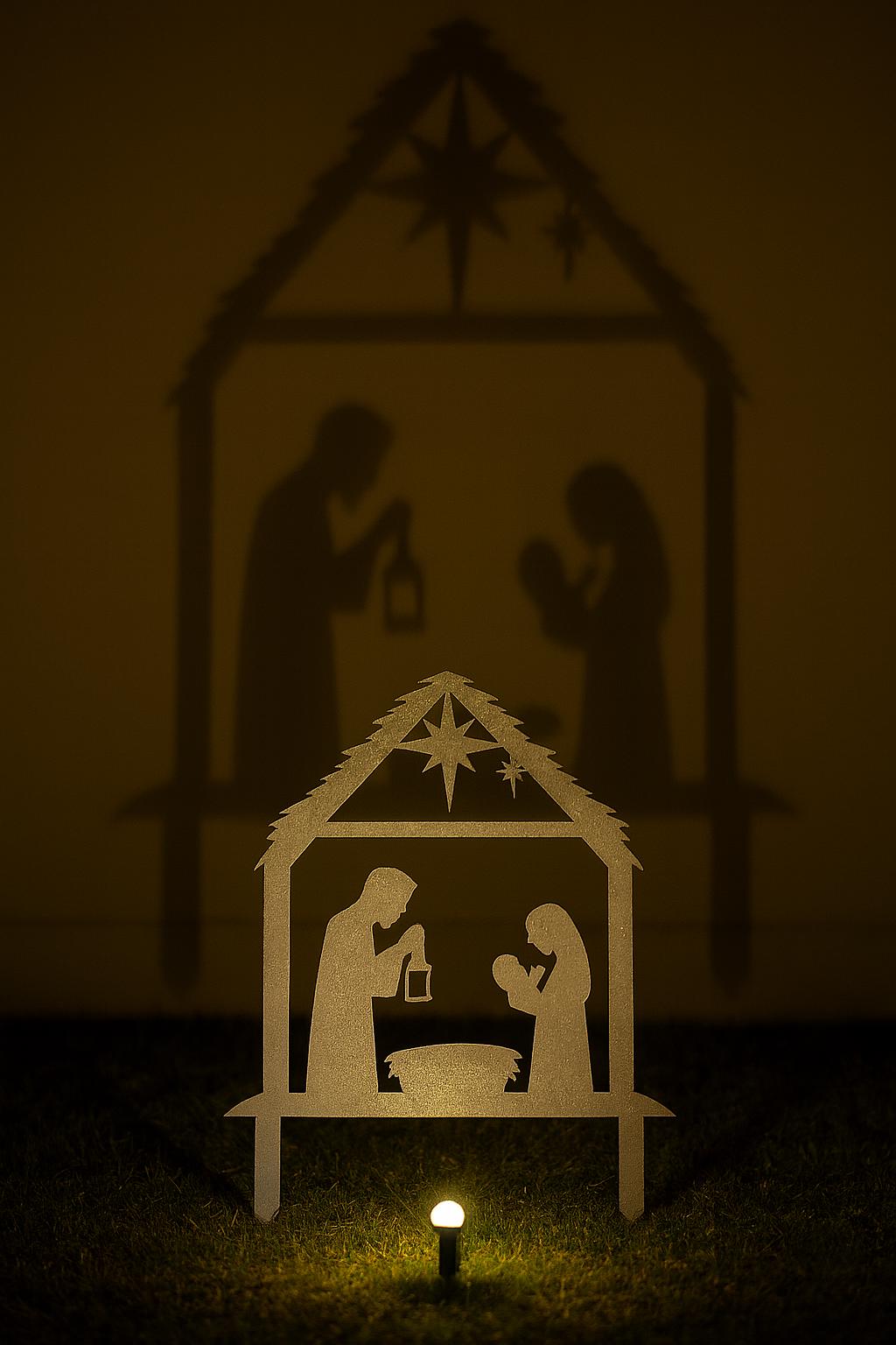 Minimalist Metal Nativity Shadow Caster, Modern Holy Family Garden Stake, Rustic Light Casting Christmas Yard Art, Outdoor Faith Decor Gift